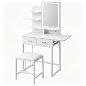 White Vanity Desk with LED Mirror, Makeup Vanity Table with 2 Drawers, Built-in Power Outlet & USB Ports