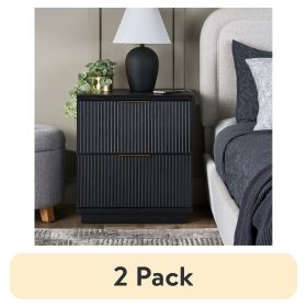 (2 pack) Lillian Fluted 2-Drawer Nightstand with USB, Black Wood Finish
