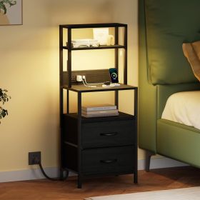 Night Stand, Tall Nightstand with 4-Tier Shelves, 2 Fabric Drawers and Light Tube, Bed Side Tables with Charging Station, Bedside Table for Bedro