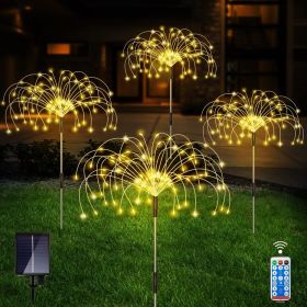 Outdoor Solar Garden Lights;  4 Pack 120 LED Copper Wire Waterproof Solar Garden Fireworks Lamp with Remote;  8 Modes Decorative Sparkles Stake L (Color: Warm White)