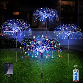 Outdoor Solar Garden Lights;  4 Pack 120 LED Copper Wire Waterproof Solar Garden Fireworks Lamp with Remote;  8 Modes Decorative Sparkles Stake L (Color: Colorful)